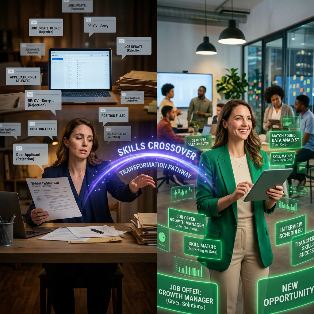 Skills Crossover Engine — woman transforms from rejected job seeker to confident professional with new opportunities