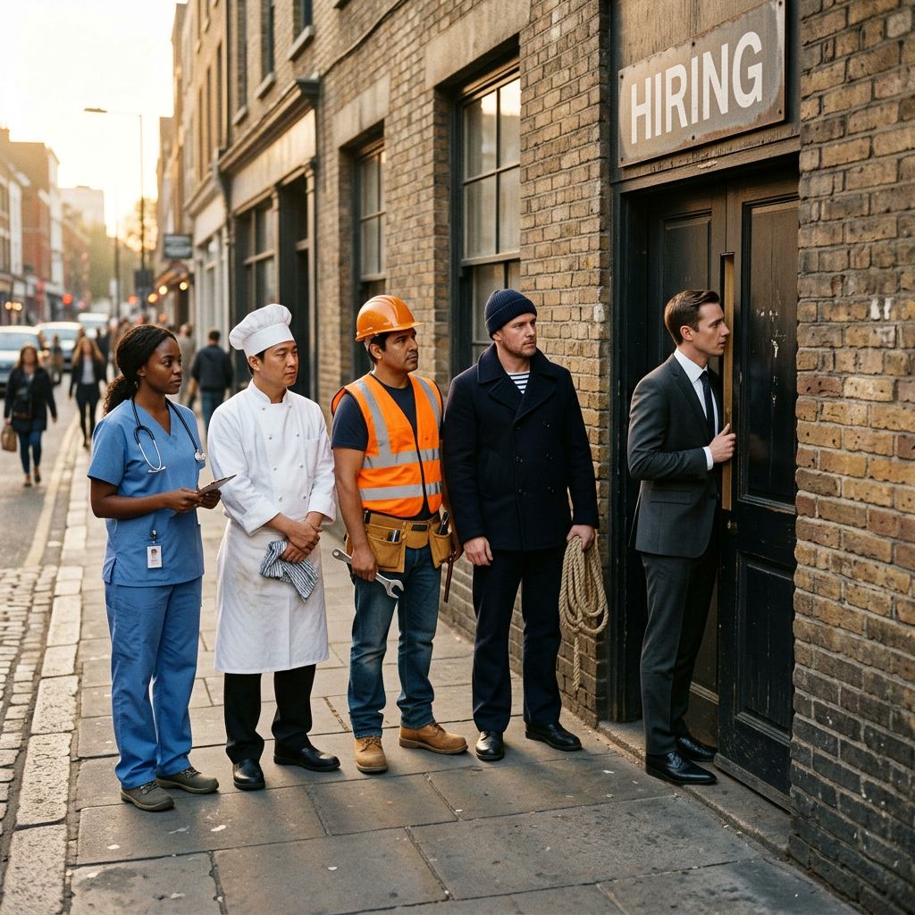 Diverse workers of all types queuing at a hiring sign