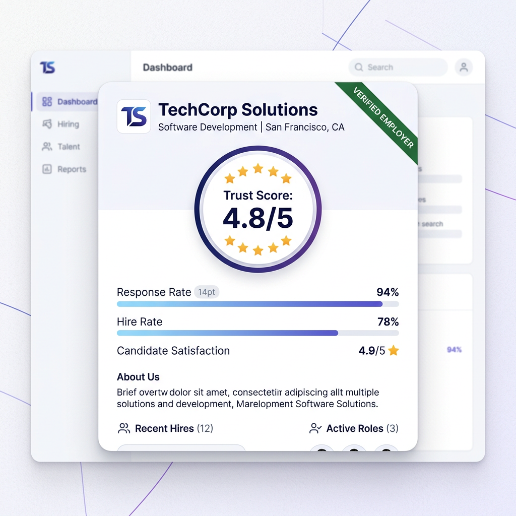 Employer trust score dashboard showing response rate, hire rate and candidate satisfaction