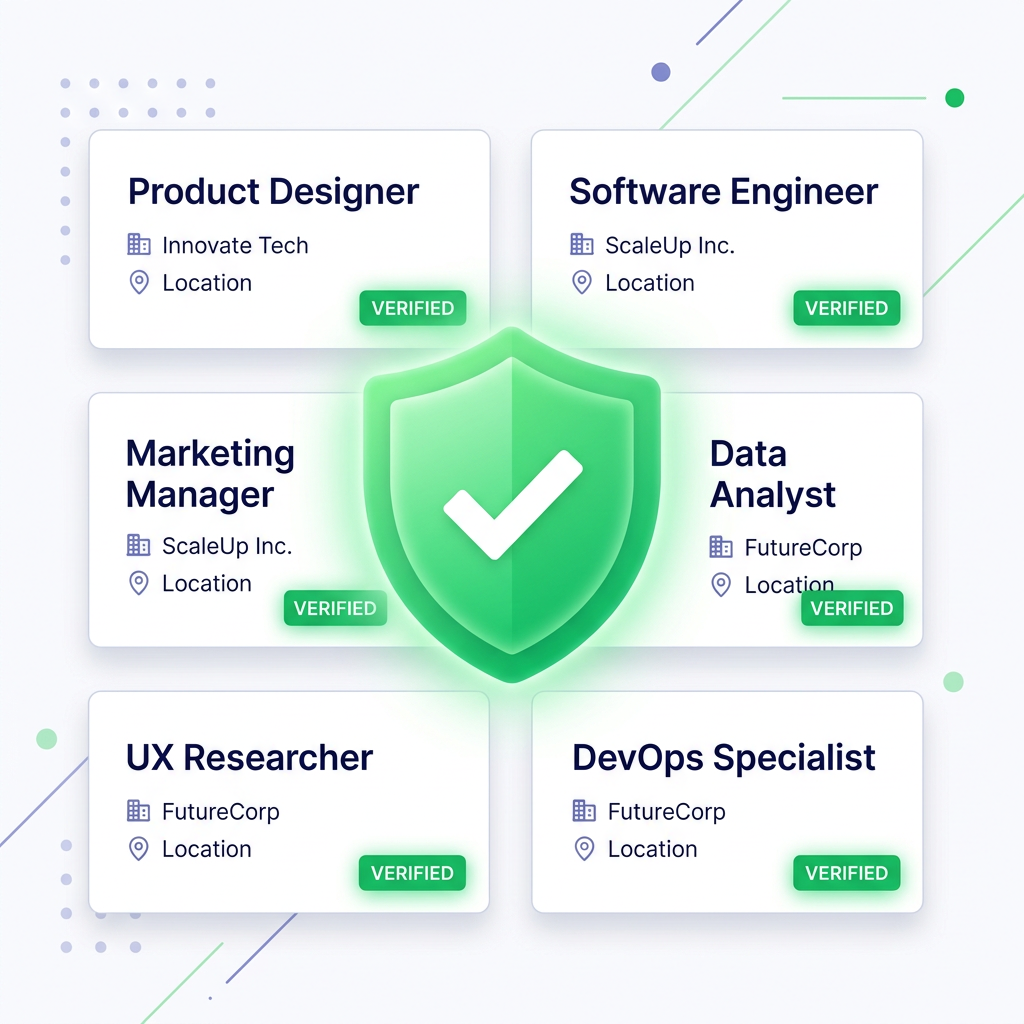 Verified job postings with green trust badges